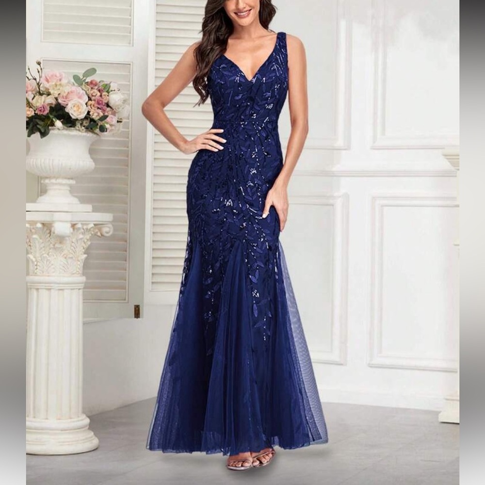 Luxe navy blue contrast mesh party formal evening bridesmaids dress